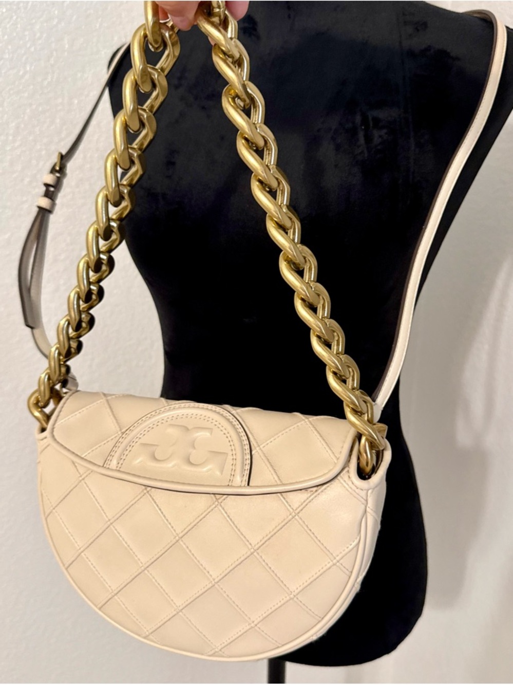 Tory Burch Cream Mini Fleming Crescent Bag with Gold Chain - Picture 4 of 17